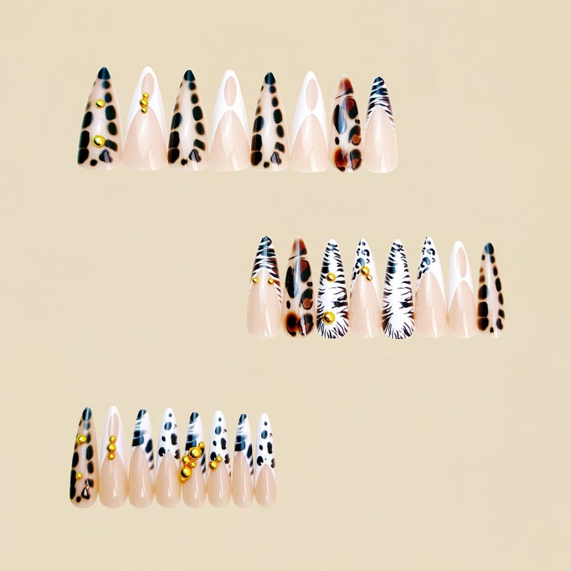 SINHOT Stiletto Press on Nails Long - Long Fake Nails, Glossy Finish, Zebra Stripes & Gold Chrome Pearls, DIY Artificial False Nail Art - 24 Pcs Nail Kit with Glue - Image 4